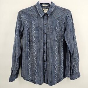 Ariat Button Down Billie Jean Shirt Womens Medium Blue Embroidered Western